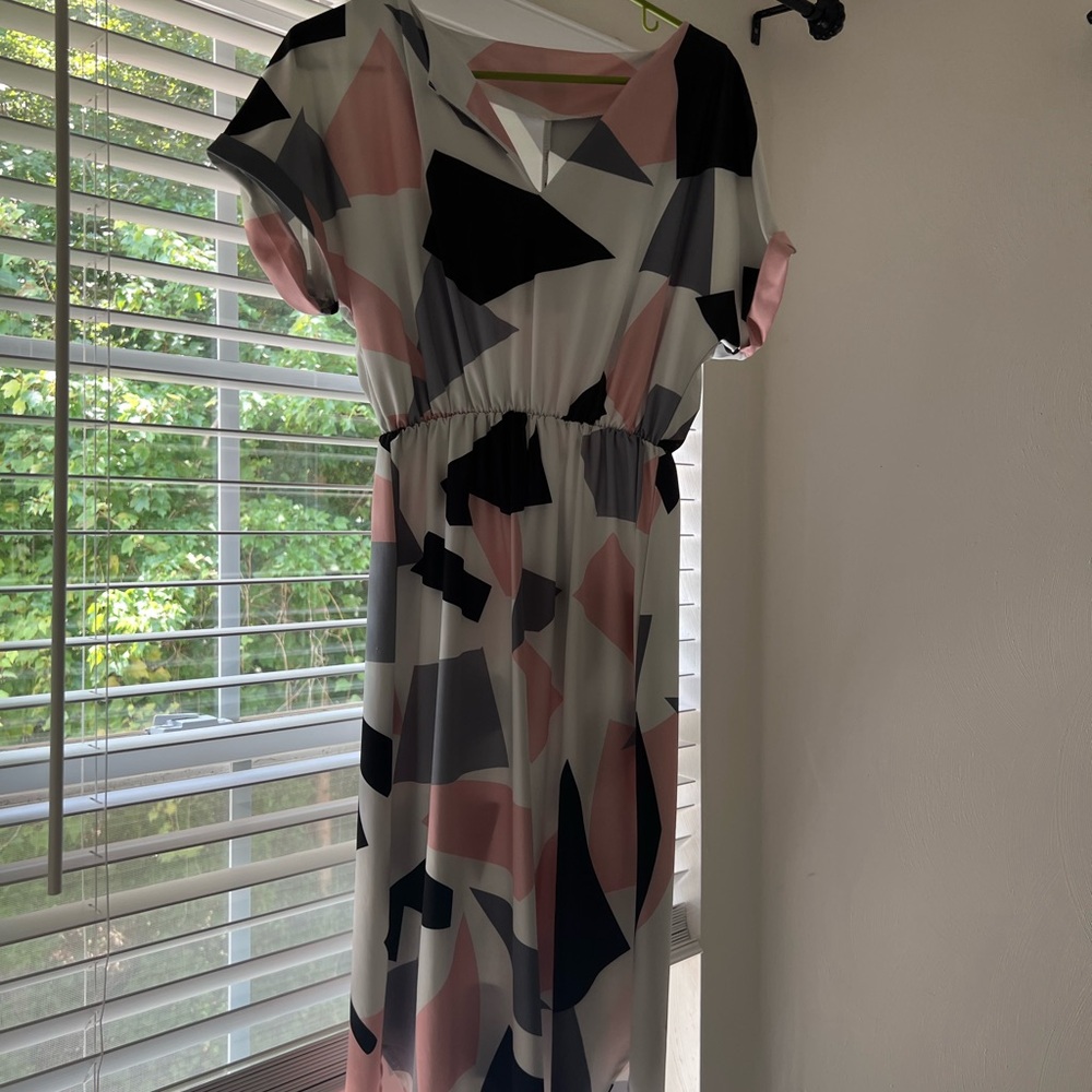 Abstract Patterned Dress in Blues, Pink, and White